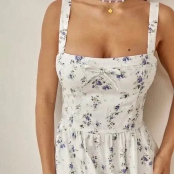 NEW Reformation Maegan Linen Dress Floral White Midi Dress Madeleine | US 0 UK 4 - Picture 4 of 12